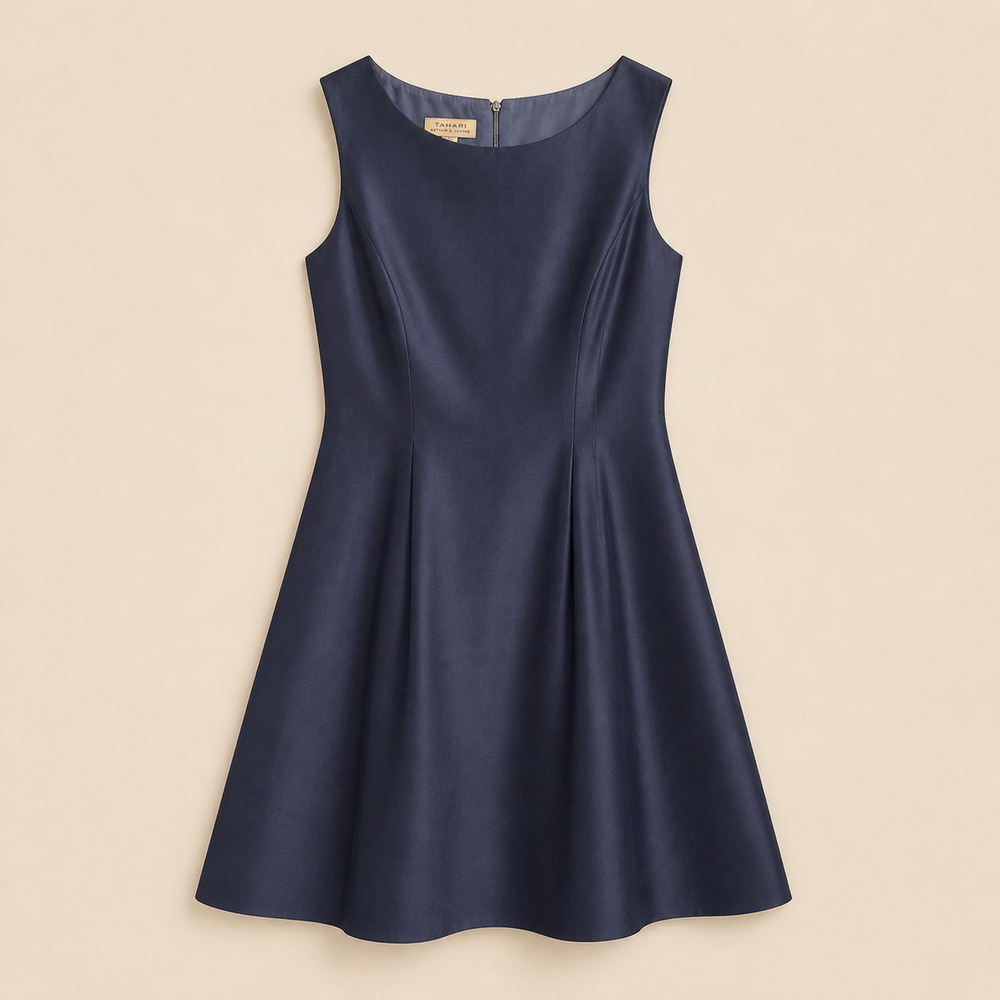 Vintage Makola Navy Silk Pleated Midi Dress 50s Fit Flare Medium Made in Italy